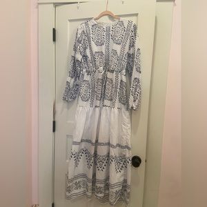 White and Blue Modest Long sleeve Maxi dress